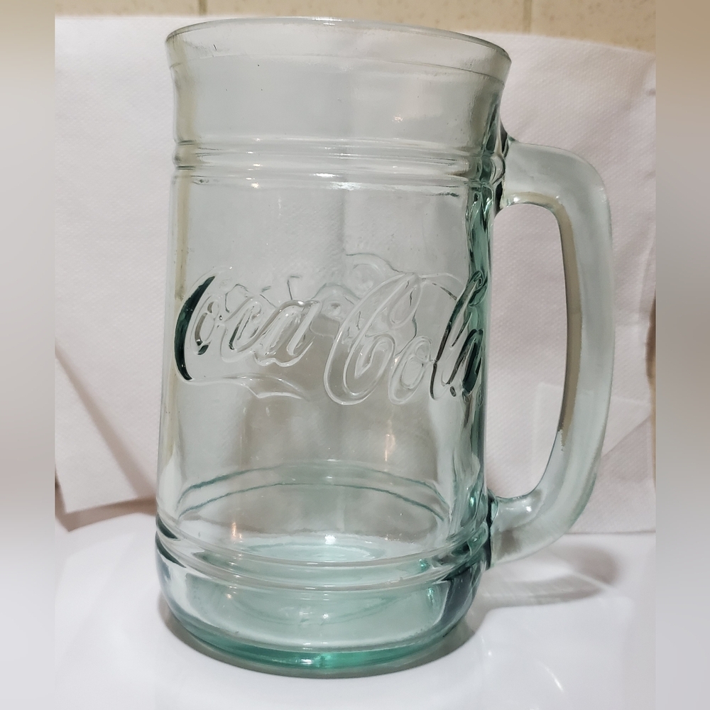 Coca Cola Embossed Glass Mug Vintage Light Green Tint